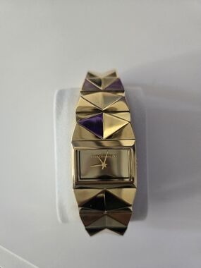 Karl Lagerfeld Gold Tone Pyramid Bracelet Watch with Purple Accents